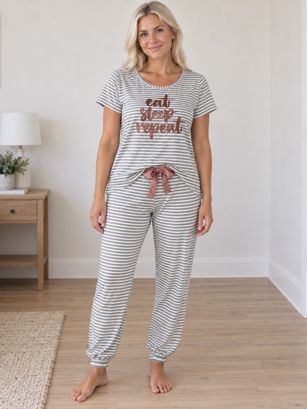 Buttery Soft Striped Lounge Pajama Set Rose Gold Eat Sleep Repeat Top & Joggers